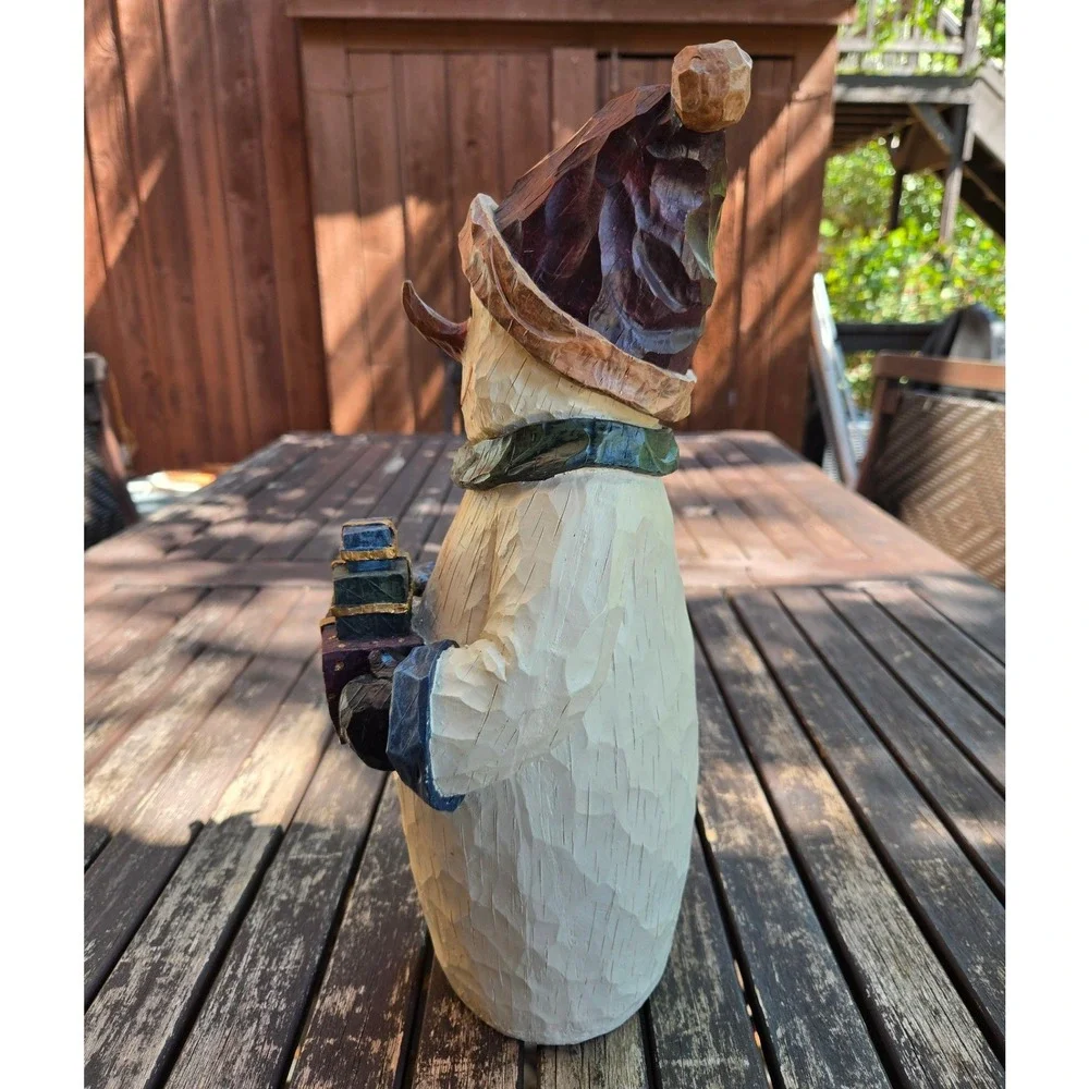 Vintage Faux Carved Wood Resin Snowman Figurine Holding Presents